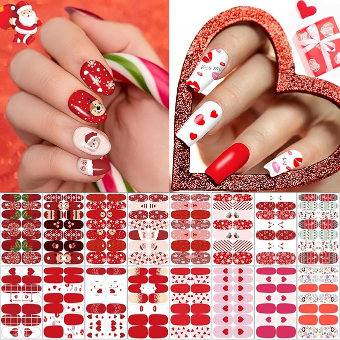 winthrop 16 Sheets Holiday Nail Wraps Stickers, Christmas Valentine's Day Seasonal Full Nail Polish Strips, DIY Self-Adhesive Winter Nail Art Decals with 2 Pcs Nail Files for Party Decor (224 Pieces)