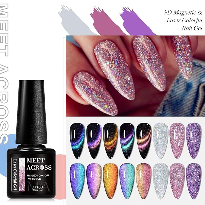 MEET ACROSS 8pcs Nail Polish Set, Soak off UV LED Lamp Cat Eye Gel Set Home Manicure Kit 7ml (Glitter + 9D Cat Eye Gel)