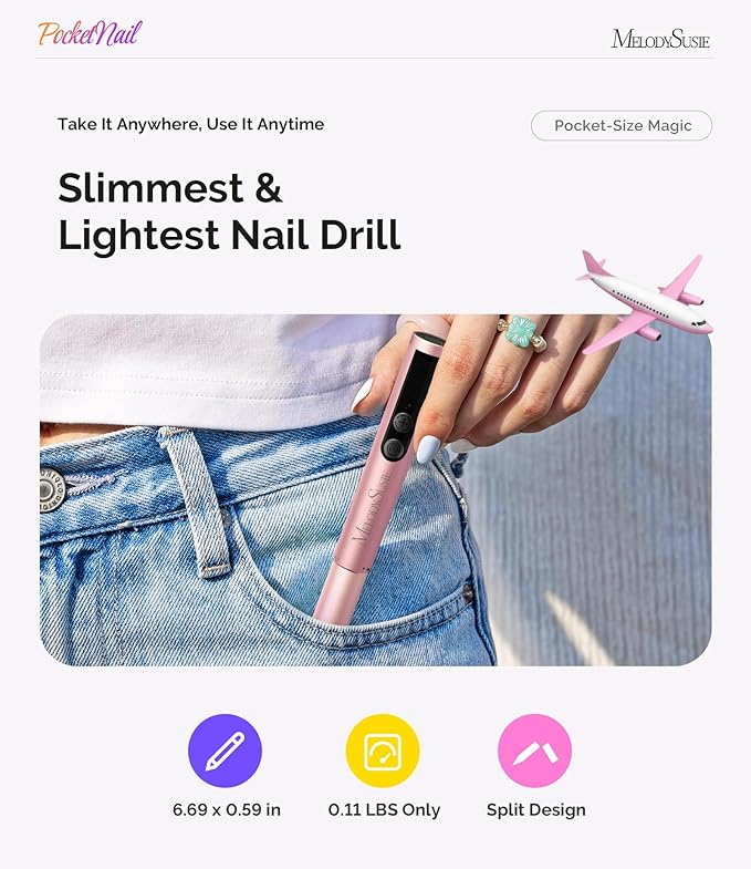 MelodySusie PocketNail Pen-Shaped Cordless Modular Nail Drill, Extended Kit, PC100GR 20000RPM Slim Portable Rechargeable Electric File for Nail Care & Gel Removal at Home for Beginners, Pleasing Pink