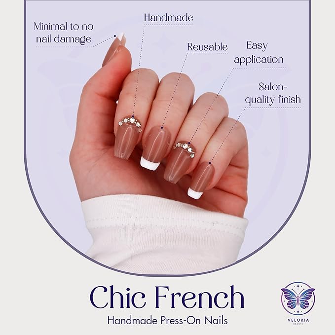 3D Handmade Press On Nails, Medium Square Oval Shaped w/Rhinestones & White Tips, Acrylic, Gel, Reusable Kit, For Women & Girls Daily Wear or Special Occasion (Chic French - M)