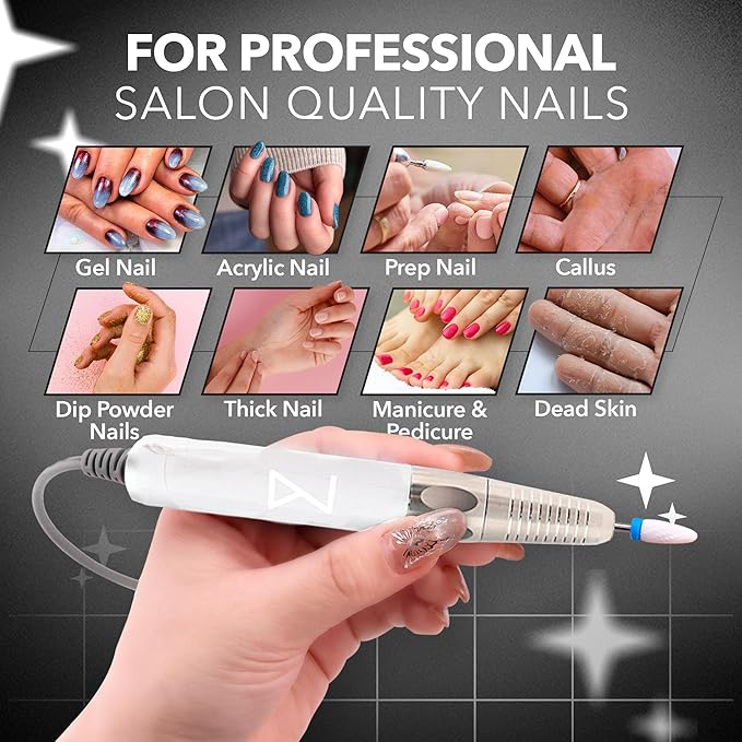 M Max - Nail Drill Professional - 2-in-1 Brushless Motor Nails Drill Machine - Electric, Cordless, Aluminium Alloy Casing, 35000 RPM, HD Display - Perfect for Salon & Home Use (White)