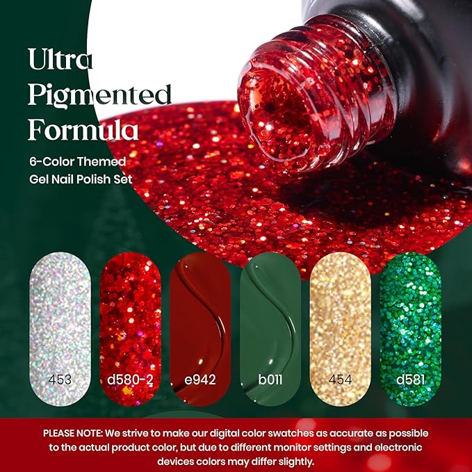 Beetles Valentines Gel Nail Polish, Red Sparkle Green Glitter Gold Silver Gel Polish Dark Red Gel Polish Kits Soak Off Nail Lamp Uv LED Cured for Nail Art Design Gift for Women