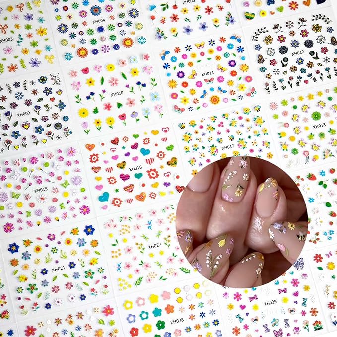 30 Sheets Flower Nail Art Stickers Colorful Flower Nail Stickers for Nail Art 3D Self-Adhesive Floral Designs Nails Decals Spring Nails Supplies for Women Girls Manicure Decorations
