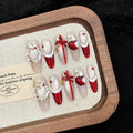 Handmade Press on Nails Long Stiletto Fake Nails Christmas French Tip with 3D Stars Bow apple Designs Red Glitter Cute Acrylic Nails for Women 10pcs (Size M）