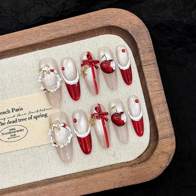 Handmade Press on Nails Long Stiletto Fake Nails Christmas French Tip with 3D Stars Bow apple Designs Red Glitter Cute Acrylic Nails for Women 10pcs (Size M）