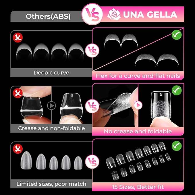 UNA GELLA Short Square Gel Nail Tips, 510Pcs Short Square Press on Nails 15 Sizes Half Matte Fake Acrylic Full Cover Nail Tips Clear No C Curve False Nails for Nail Extensions DIY Home Salon for Women