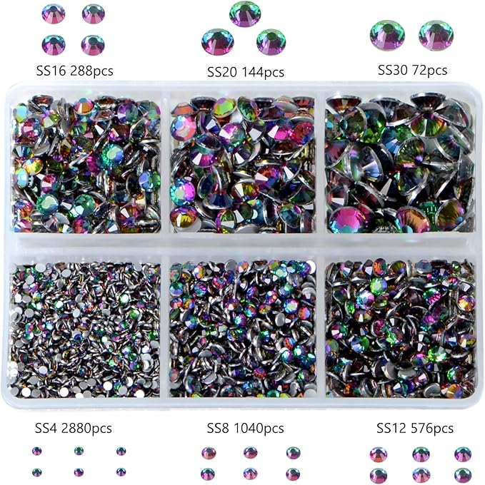 Bymitel 5000 Pieces 6 Mixed Sizes Glue Fix on Glass Rhinestones Round Crystal Gems Flatback for DIY Jewelry Making with one Picking Pen(6-Sizes 5000PCS, Green Volcanic)
