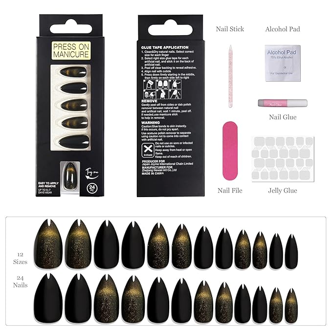 Glue On Nails Almond Black Goth - Cat Eye Mysterious Shine Handmade Reusable Nails for Gothic Chic Look, 24 Nails in 12 Sizes with Glue, Adhesive Tabs, File, Prep Pad, Manicure Stick