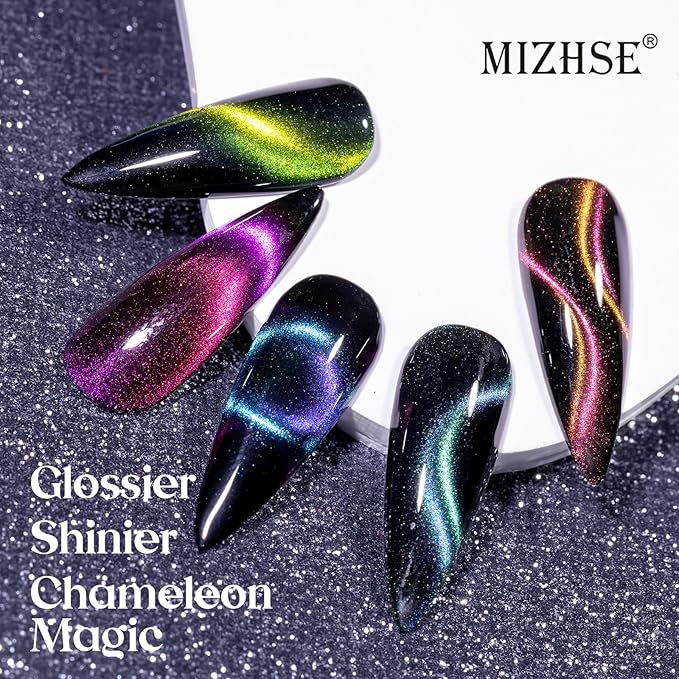 MIZHSE 8 Colors 9D Cat Eye Gel Nail Polish, Magnetic Gel Polish Kit with Magnet Stick, Galaxy Glitter Chameleon Effect Silk Velvet Cat Eye Nail Polish Soak Off Nail Art Design Ladies Gift