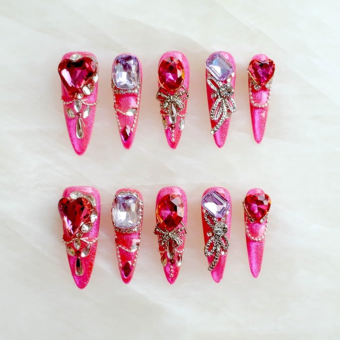 [GLORS] Luxury Press-On Nails, Pink Glitter False Nails with Rhinestones and Pearl Chain in Long Stiletto, 10 Pieces (L, LS)