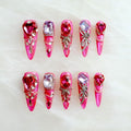 [GLORS] Luxury Press-On Nails, Pink Glitter False Nails with Rhinestones and Pearl Chain in Long Stiletto, 10 Pieces (L, LS)