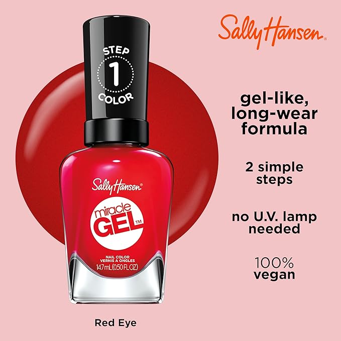 Sally Hansen Miracle Gel Salon Quality Nail Polish | Gel-Like Formula, Two-Step System, No UV Light Needed, Long Lasting | Opaque, Glossy | 439 Red Eye | Scarlet Red Nail Color
