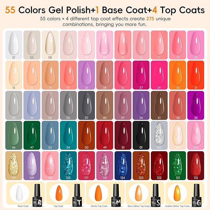 PEACECOLOR 60PCs Gel Nail Polish Set 55 Fall Winter Colors Brown Pink Red Gel Polish with 5Pcs Glossy/Matte/Glitter Top Base Coat Soak Off Long Lasting Manicure Kit Gifts for Women DIY Home