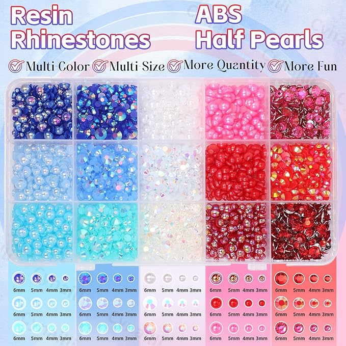 15 Grids Pearls and Resin Rhinestones for Crafting, Red Blue White Bedazzling Gems Kit, Jelly Resin Rhinestones Pearls for Nails Face Eyes Makeup Crafts Tumblers Bottles