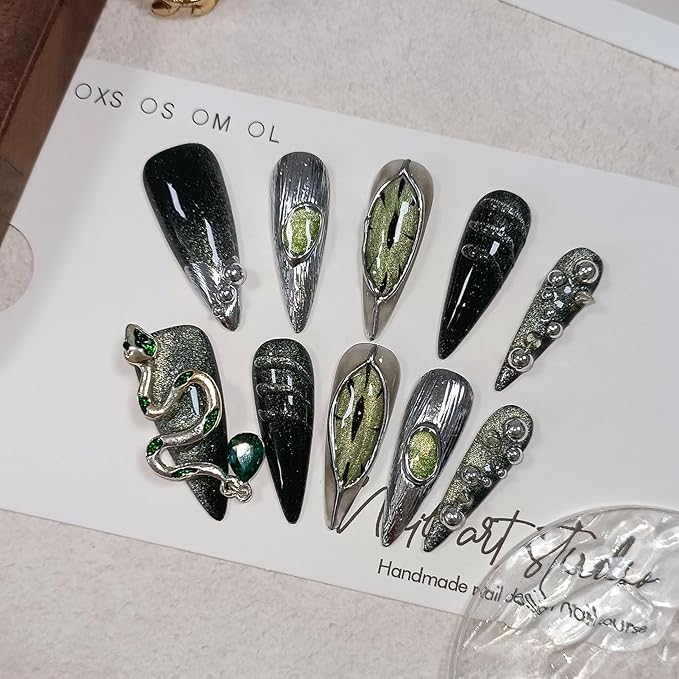 Punk Metal Press on Nails Long Stiletto,Black Silver Cat Eye Fake Nails with 3D Snake Gems, Acrylic Soft Gel Handmade False Nails with Rhinestone Steel Ball,Gothic Glue on Nails 10pcs(L)