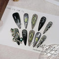Punk Metal Press on Nails Long Stiletto,Black Silver Cat Eye Fake Nails with 3D Snake Gems, Acrylic Soft Gel Handmade False Nails with Rhinestone Steel Ball,Gothic Glue on Nails 10pcs(L)
