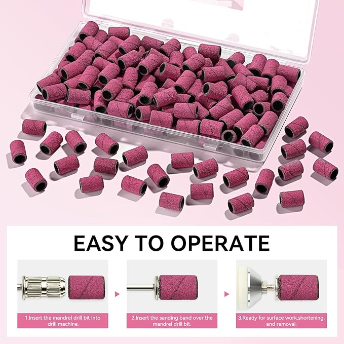 Makartt Sanding Bands for Nail Drill - 100 Pcs Nail File Sanding Bands for Drill Bits #120 Medium Grits for Acrylic Nails Gel Removing and Shaping, Upgrade Thicker Durable Sanding Drill Bit, Pink