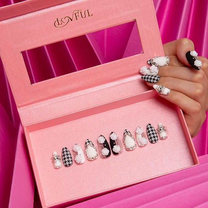 LOVFUL Press on Nails Houndstooth | Handmade with Full Covered Crystals | Reusable Fake Nails | Almond Regular 1.0 in | H30-S