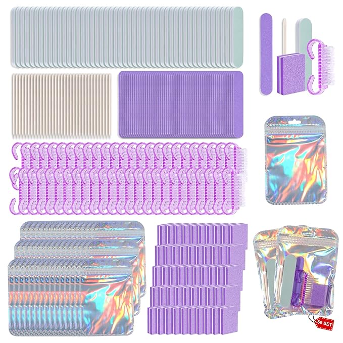 Disposable Manicure Kit Professional, 18 Set Press On Nail Tool Kit with Nail File, Nail Buffer, Nail Buffer Block, Nail Handle Brush, Wood Stick, Packaging Bag (Purple-50pcs)