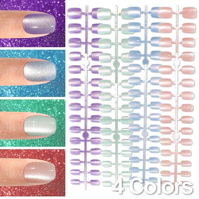 Allstarry Cat Eye Press on Nails, 15 Full Sizes Range Cat Eye Nails Press Ons 4 Colors Cateye Presson Nail for Women 120pcs Green Purple Blue Pink Glossy Short Square Fake Nail Tips Stick DIY Salon