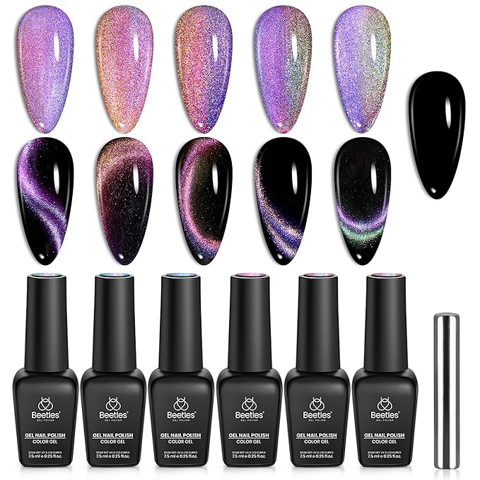 Beetles Cat Eye Gel Nail Polish Set - 6 Colors Chameleon Cat Eye Black Glitter Blue Pueple Gold Green Gel Polish with Magnet Soak Off UV Velvet Gel Enchanted Spectrum Collection Salon Gift for Women