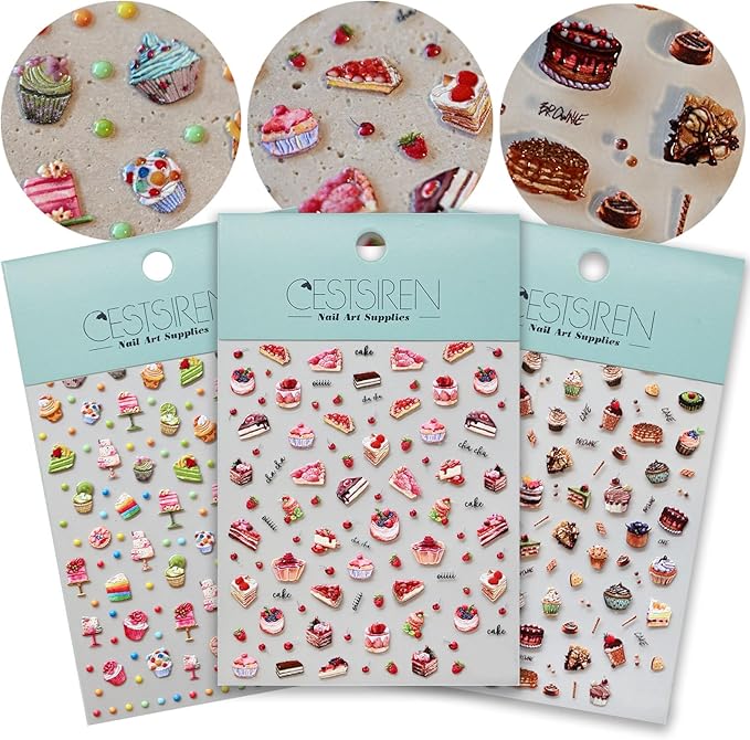 Cute Birthday Nail Stickers, 3D Cake Dessert Nail Decals, Self-Adhesive Nail Accessories & Supplies, Durable & Long-Lasting 3 Sheets