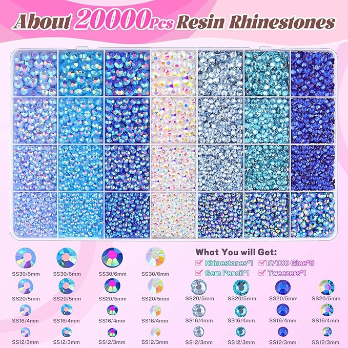20000Pcs Blue Rhinestones for Bedazzling with 3Pcs B7000 Jewelry Glue, Resin Rhinestones for Crafting Crafts，Bedazzler Kit Flatback Gems for Clothing Shoes Tumblers Nail Art