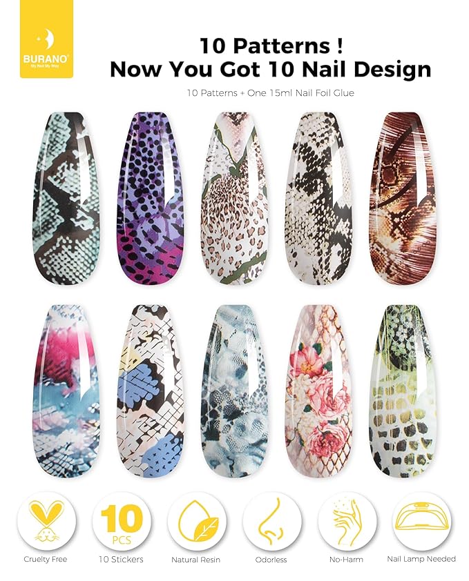 BURANO Nail Art Nail Foil Glue Gel, o.5 oz with 10PCS Foil Stickers Set Nail Foil Glue for Nails Foil Transfer Gel, Nail Design DIY UV LED Lamp Required (Animal 29)