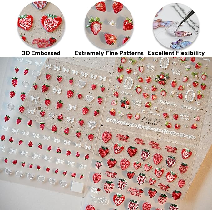 Strawberry Lace Nail Art Stickers 3D Embossed Nail Decals for Nail Art Design Self-Adhesive Nail Accessories for Women Nail Art Supplies 3 Sheets