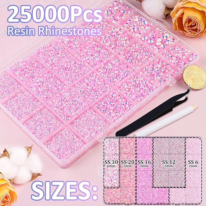 25000Pcs Resin Rhinestones for Crafting, Light Pink AB 2-6mm Mixed Sizes Non Hotfix Flatback Gems with 1Pcs Glue, Bedazzling Crystal for DIY Craft Clothing Mugs Tumblers Shoes Fabric Decor Nail Art