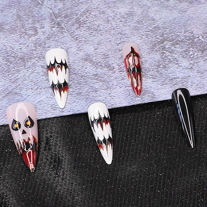Halloween Press on Nails - Long Stiletto Fake Nails with Horror Demon & Bloody Mouth Designs | 3D Reusable Acrylic Nail,Stick on Nail for Women | 12Size - 24Pcs with Jelly Glue