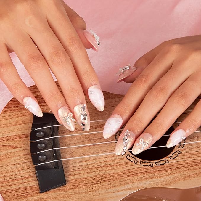 LOVFUL Press on Nails Dazzling Star French Tip | Handmade with Full Covered Crystals | Reusable Fake Nails | Almond Regular 1.0 in | H294-L