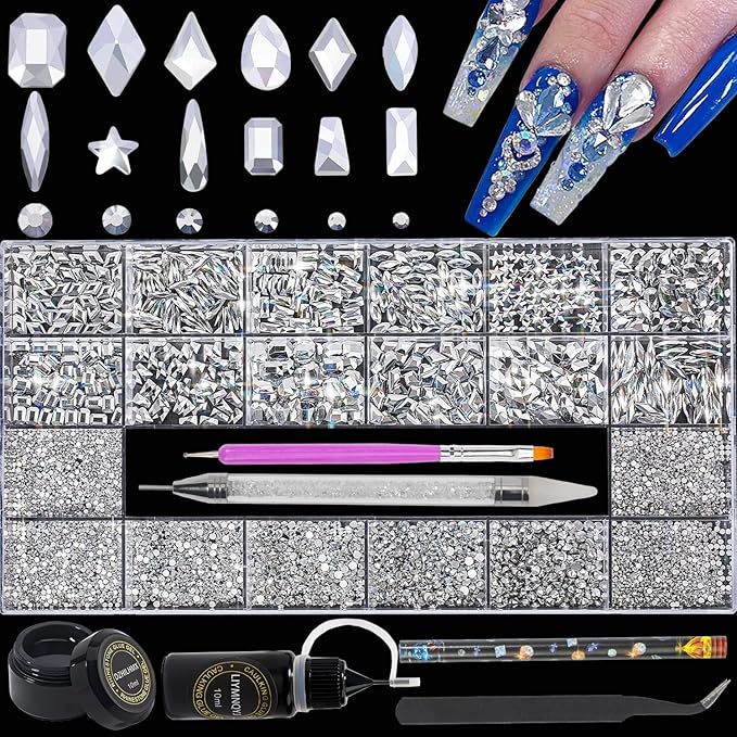 Nail Rhinestones - 4300pcs Mine Silver, Multiple Shape Gems, Flat Back Rhinestones, with Kit and Glue Gel, for Nail Art