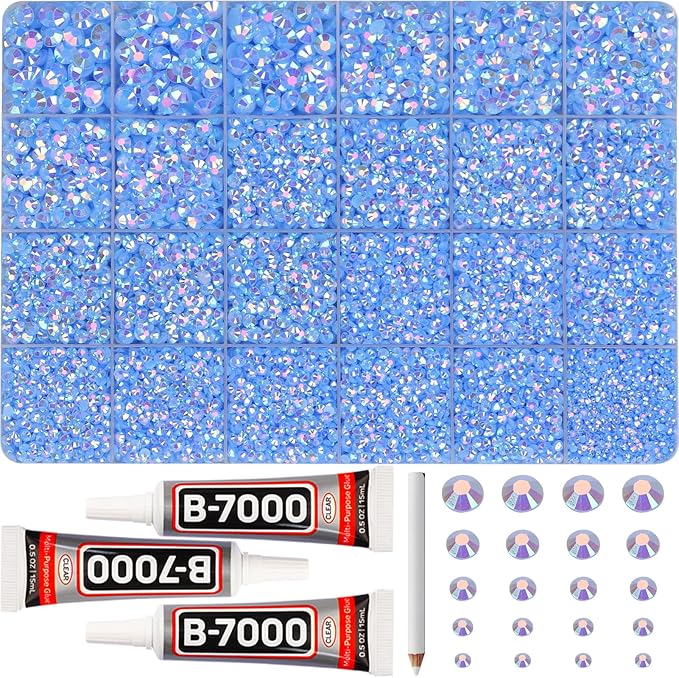 31000Pcs Baby Blue Resin Rhinestones for Bedazzling, 2-6mm Mixed Sizes Flatback Gems Crystal Jewels Diamonds Gemstones Stones with B7000 Glue for Crafting Clothes Nails