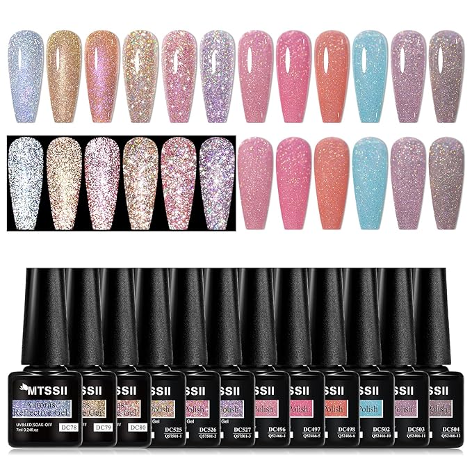 MTSSII 12 Pcs Reflective Glitter Gel Polish, Flash Dimond Pink Brown Nail Polish Winter Colors Sparkly Shiny Nail Art UV LED Curing Need Nail Gel for Manicure DIY and Salon