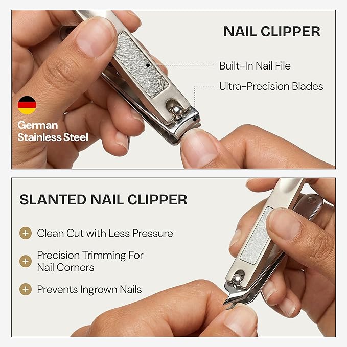 Manicure Pedicure Set 7-in-1 Stainless Steel, Ultra Sharp, Slanted Nail Clipper, Fingernail Clipper, Cuticle Nipper, Glass Nail File, Eyebrow Tweezers, Scissors, Case – Valentine's Gift
