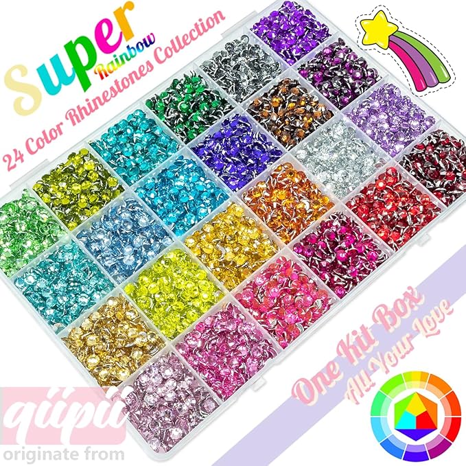 6600Pcs 24 Color 5mm Crystal Resin Rhinestones w B7000 Jewelry Glue for Bedazzling Crafting Flatback Stones Colorful Crystals Gems Diamonds Charms for Nails Eyes Face Makeup Tumblers DIY Crafts