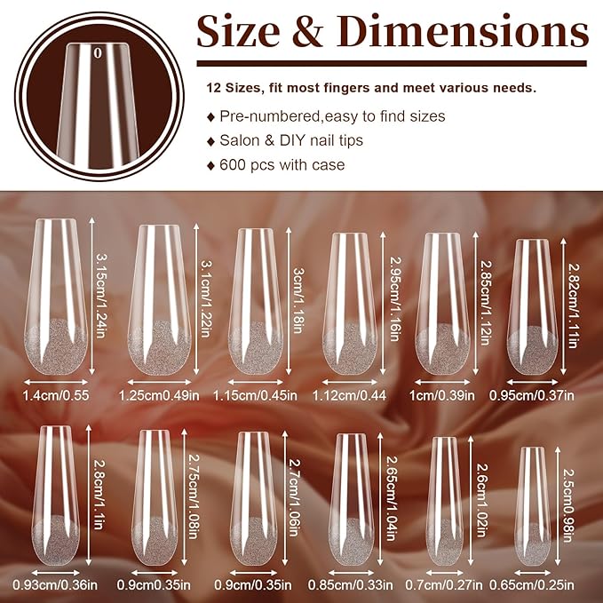 FEBSNOW 600 Pcs Long Coffin Fake Gel Nail Tips Full Cover Clear Acrylic False Ballerina Press On Nails for Nail Extension Home DIY Nail Salon,12 Size