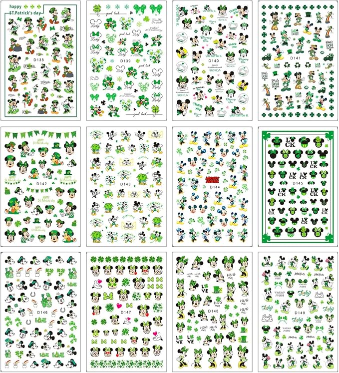 12 Sheets St Patrick’s Day Nail Art Stickers Decal 3D Cute Cartoon Nail Decals Nail Art Supplies Shamrock Clover Irish Cartoon Nail Design DIY Nail Decoration for Women