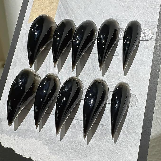 Luxury Press on Nails Medium Stiletto Handmade Eagle Claw Unique Reusable ABS Material Fake Nails Dragon Cat Claw False Nails with Designs Black Glossy Glue on Nail Curved Thick Acrylic Nail(S)