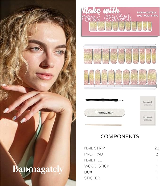Nail Polish Strips, 20Pcs Salon Quality Gel Nail Stickers, Easy Long Lasting Wraps for Short Nails no UV Light Needed (Pink Yellow)