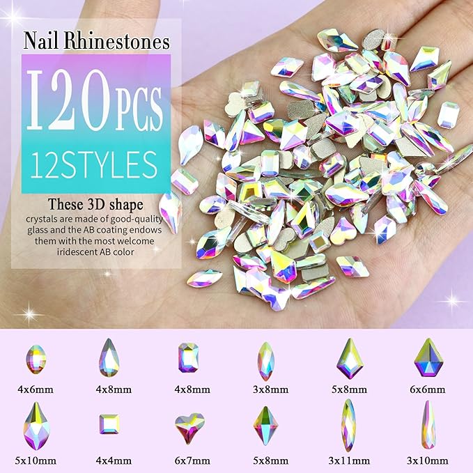 Dowarm 3200PCS Nail Art Rhinestones, Crystal AB Flatback Rhinestones for Nails, Crafts, 12 Styles 3D Glass Crystal Nail Gems, Iridescent Diamond Stones