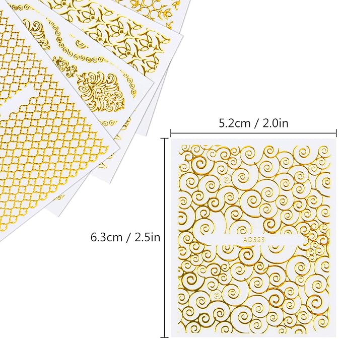 KISSBUTY Metallic Flowers & Vine Nail Decals - 20 Sheets 3D Flower Lace Adhesive Stickers - Gold Floral Nail Decor