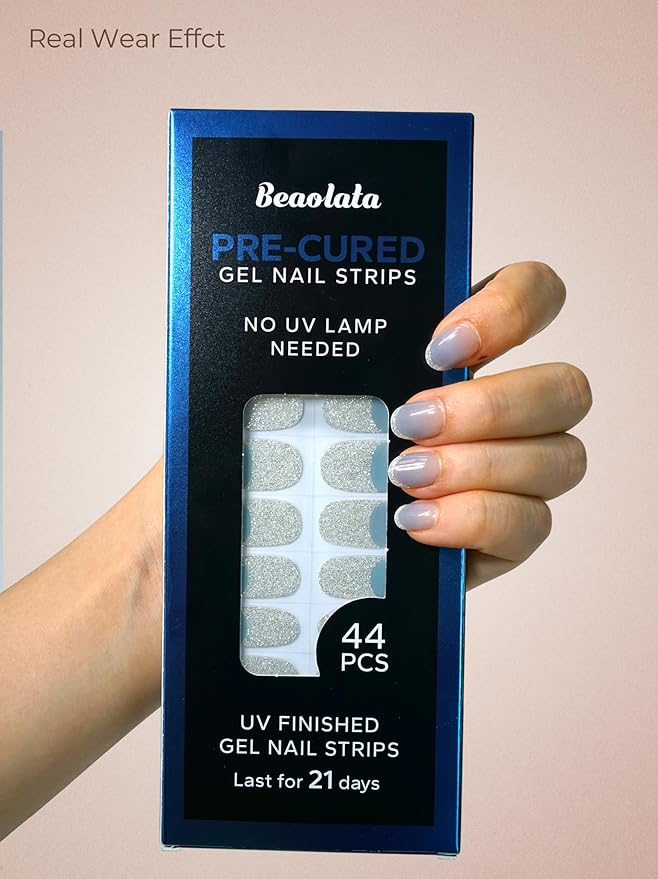 Pre Cured Gel Nail Strips - 44PCS Salon Quality Gel Nail Stickers - Long Lasting Polish Wraps for Women no UV Light Needed Easy Apply& Remove (Dreamy Blue）