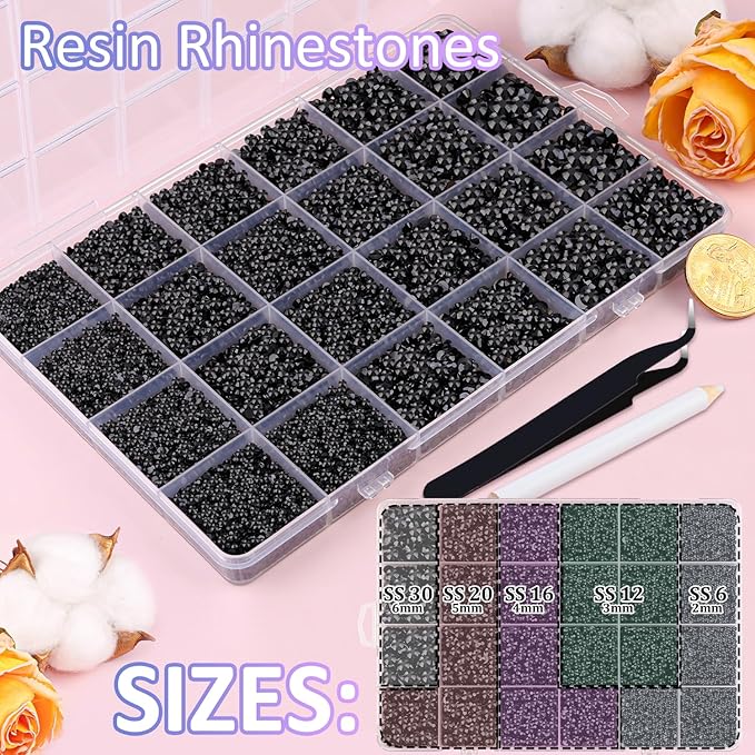 32000Pcs Black Rhinestones for Bedazzling, Flatback Resin Gems Crystal, Bedazzler Kit with 3Pcs 10ml B7000 Jewelry Glue and Tweezers for Makeup Crafting Nail Art
