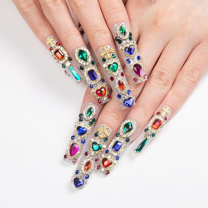 LOVFUL Press on Nails Treasure Trove Rhinestone | Handmade with Full Covered Crystals | Reusable Full Cover Nails | Square Mid length 1.7 in | H103-S