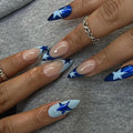 Press On Nails Medium Almond ABS Plastic False Nails 24Pcs, French Tip, Stars Pattern, Glossy Finish, Full Cover, Y2K Style, 24 Fl Oz (Pack of 1)