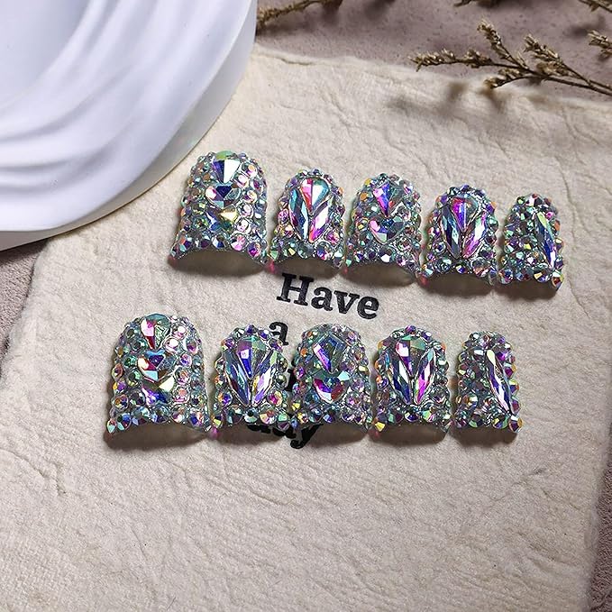 Short Press on Nails Duck Handmade Fake Nails Sparkly Rhinestones Full Cover False Nails with Designs Luxury Reusable Glue on Nail for Women 10Pcs(Size M)