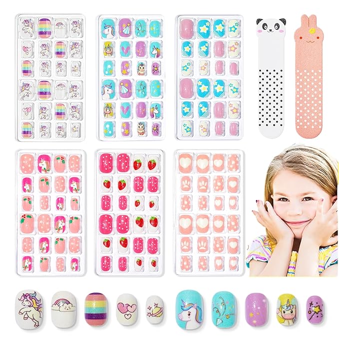 Modelones Press on Nails for Kids 144Pcs 6 Pack Children Acrylic Fake Nails Pre-glue Full Cover Glitter Color Starts Unicorn Short False Nail Art Kits Sets Thanksgiving Christmas Gifts for Girls