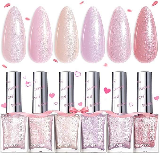 Beetles Pink Nail Polish Set, 6 Colors Glitter Quick Dry Nail Polish Kit Sly Moonlit Fairy Fingernail Polish Gifts for Women Salon DIY Valentines Nails